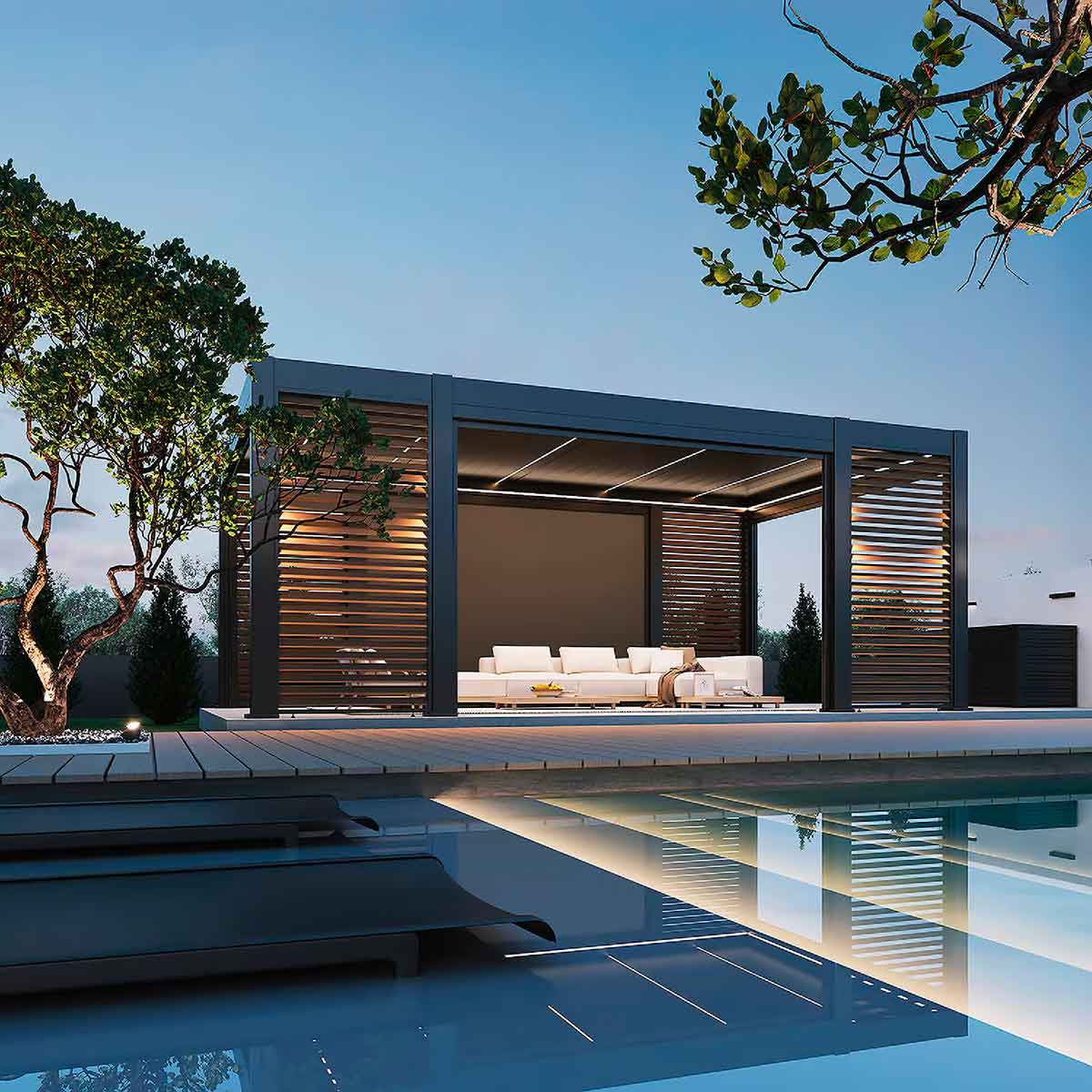 Пергола Aquaviva Элит Отдельностоящая (ламели с электроприводом) 3.6X6.57м RAL 7015